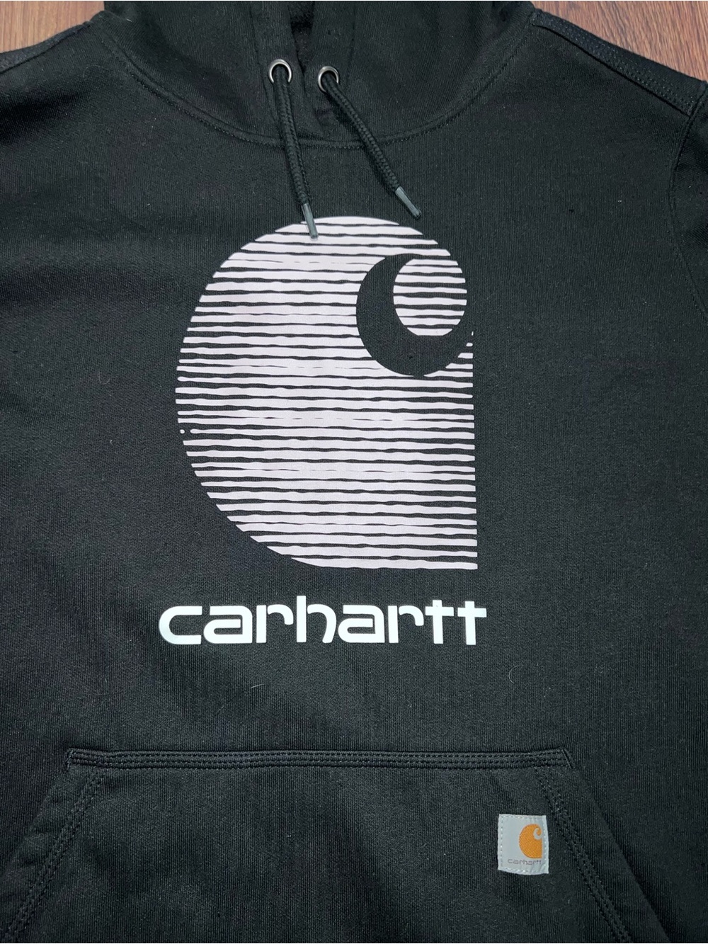 Carhartt Black Hoodie with White Graphic Logo and Pocket Patch